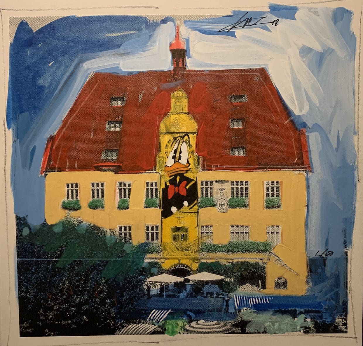 Wolfgang Loeschen akryylivärinen Heilbronnin kaupungintalo