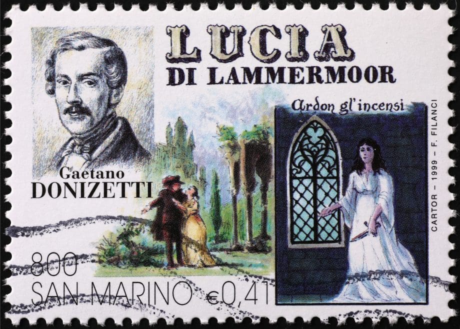 Gaetano Donizzetti와 그의 오페라 Lucia di Lammermoor가 있는 우표