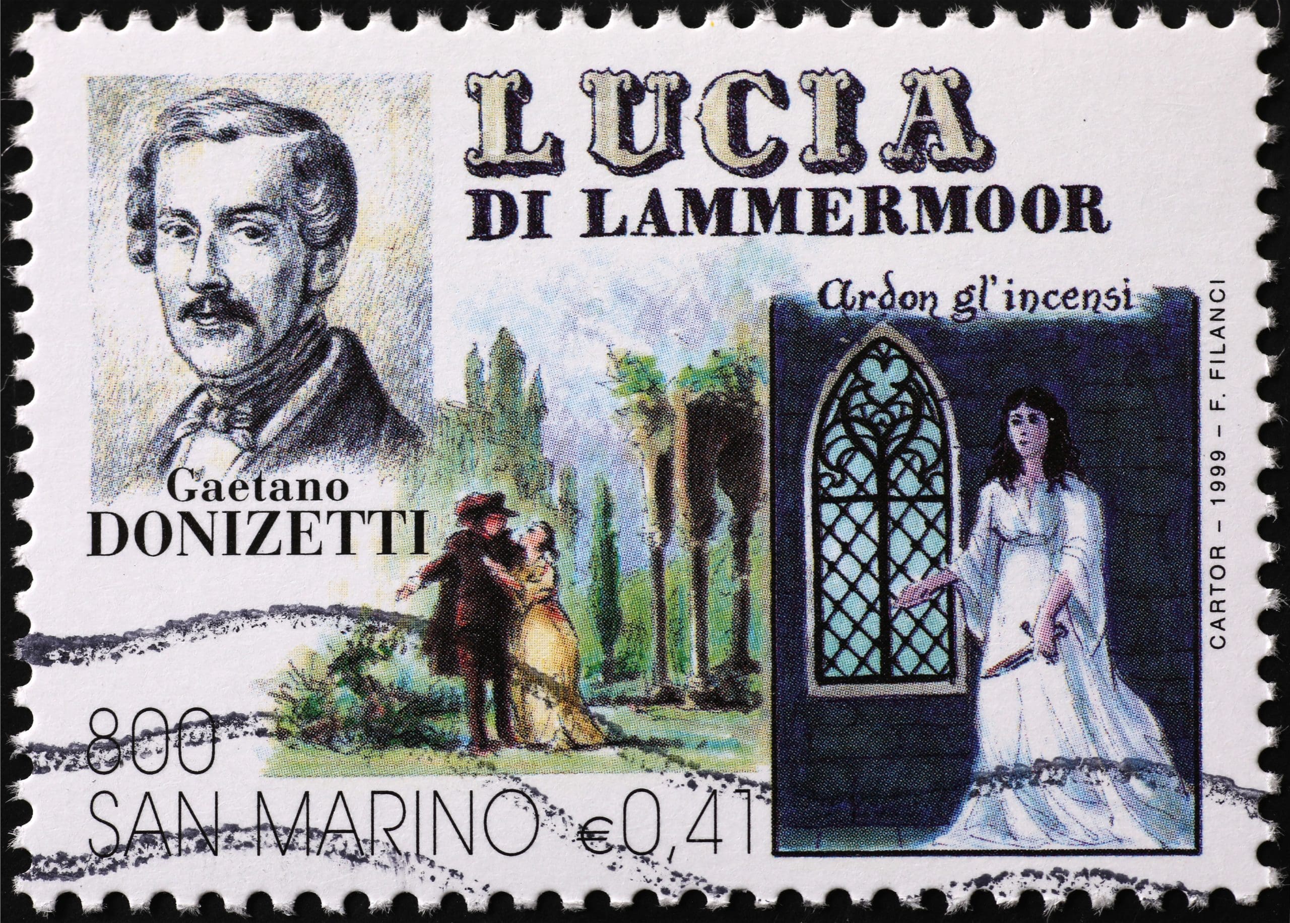 Briefmarke mit Gaetano Donizzetti und seiner Oper Lucia di Lammermoor